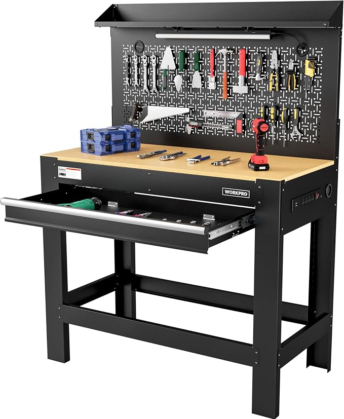 WORKPRO Garage Workbench with Storage, Power Outlets and Light, 800 LBS by WORKPRO