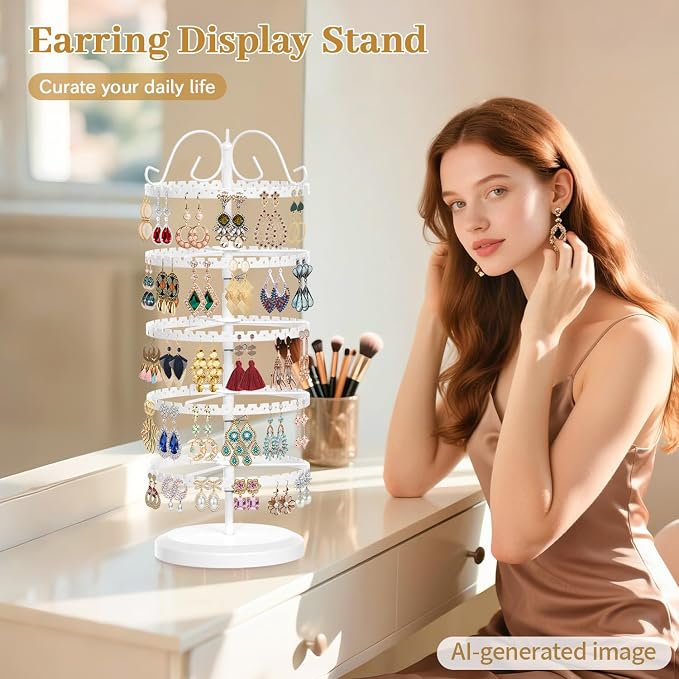 MODOWEY 5 Tier Rotating Earring Holder Organizer Stand, Adjustable Metal - Image 2