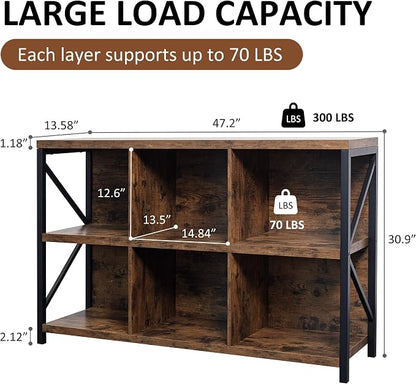 6 Cube Storage Organizer Bookshelf, Industrial Horizontal Bookcase, Accent - Image 2