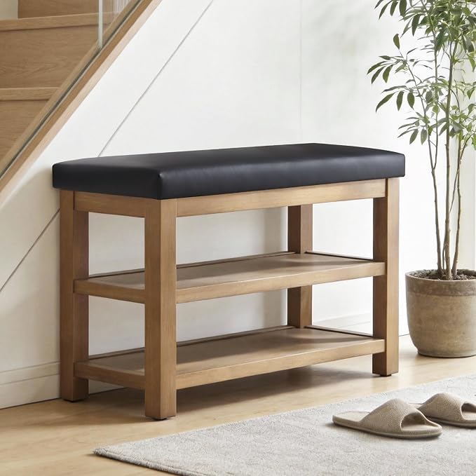Zihanhome Shoe Rack Bench with Leather Cushion, 2 Tier Solid Wood Storage Bench - Image 4