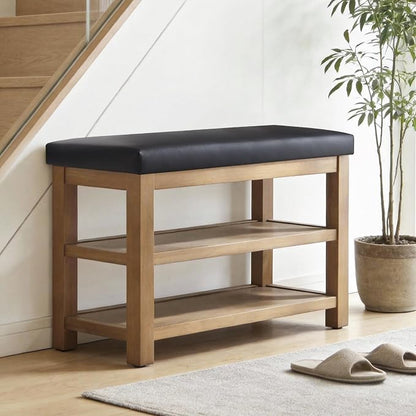 Zihanhome Shoe Rack Bench with Leather Cushion, 2 Tier Solid Wood Storage Bench - Image 4