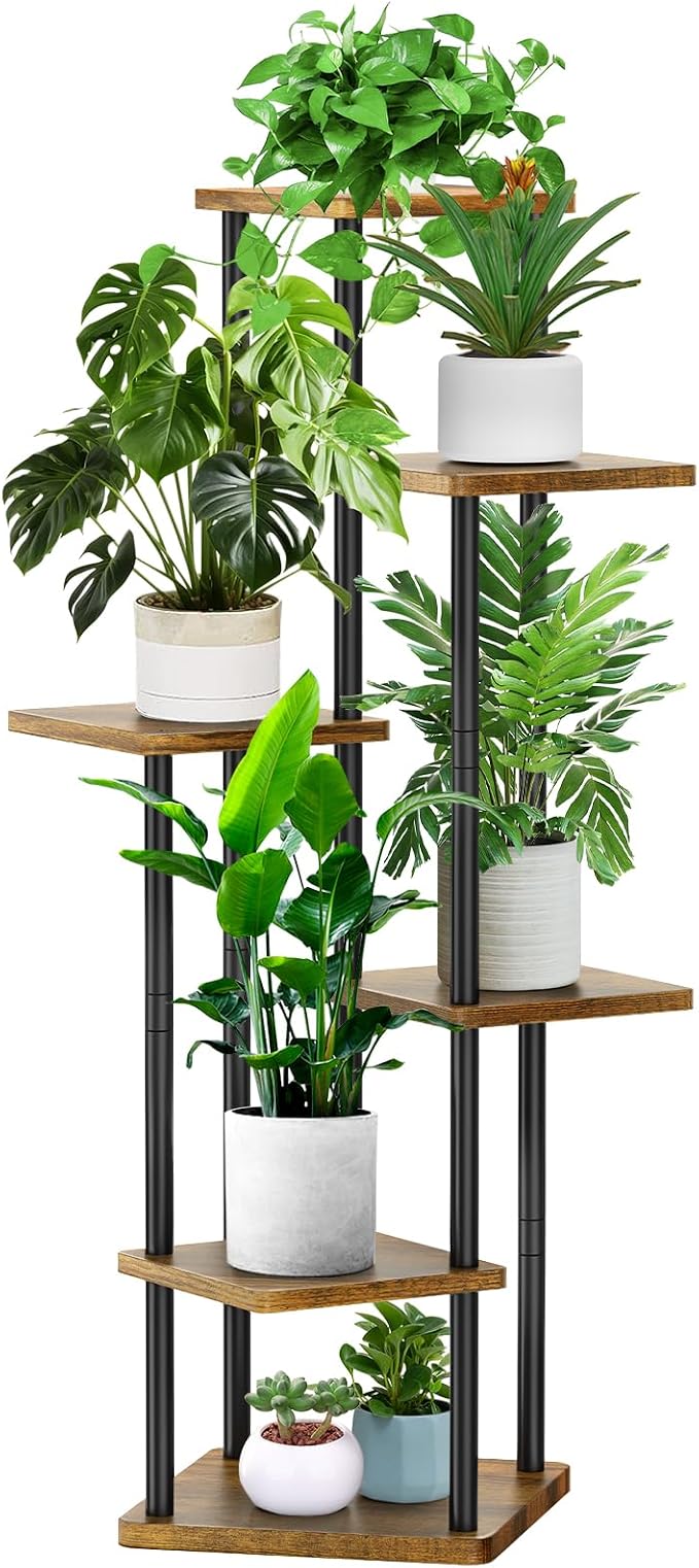 6 Tier Plant Stand Indoor, Thickened Metal Wood Corner Plant Shelf Stands by YOCOMEY