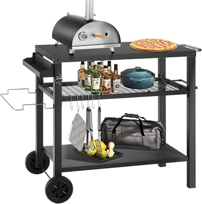 Grill Cart Table with Three Shelf, Movable Outdoor Dining Cart Pizza Oven Stand by Kendane