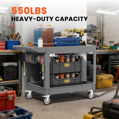 2 Tier Plastic Rolling Utility Cart on Wheels, Heavy Duty Tool Cart - Image 4