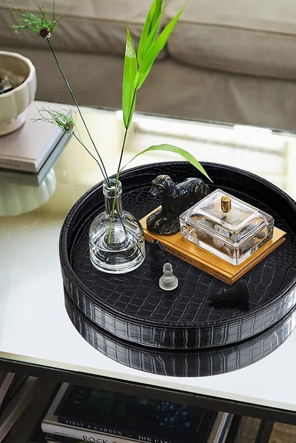 HofferRuffer Faux Leather Round Serving Tray, Vegan Croco Leather Decorative - Image 5
