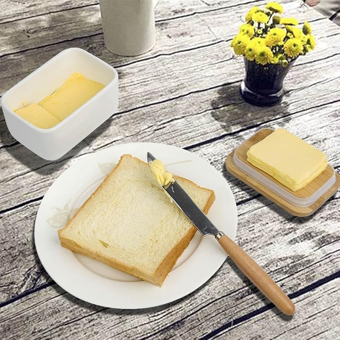Porcelain Butter Dish with Lid, Ceramic Butter Dish with Bamboo Lip, Butter - Image 2