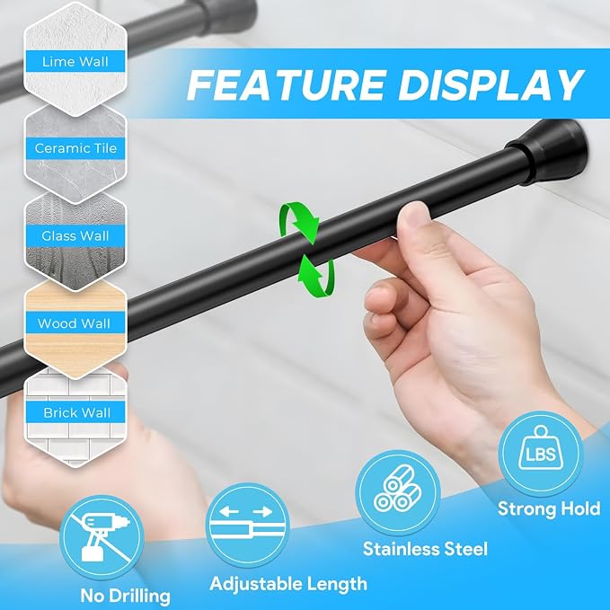 Small Tension Rod Black Spring Curtain Rod No Drilling Spring Tension Rods - Image 5