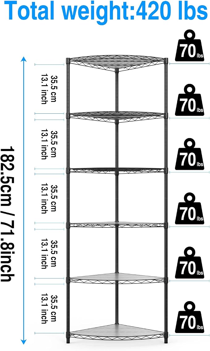 pouseayar 420lbs 6 Tier Corner Shelf NSF Metal Wire Shelving Unit, Adjustable - Image 3