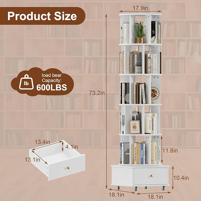 5-Tier Rotating Bookshelf with Drawers on Wheels, 360° Spinning Corner Bookcase - Image 2