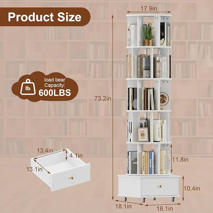 5-Tier Rotating Bookshelf with Drawers on Wheels, 360° Spinning Corner Bookcase - Image 2