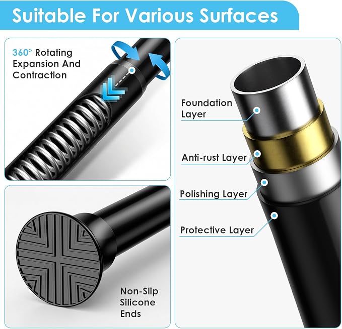 2Pcs Tension Curtain Rod 31 To 76 Inch Black Shower Curtain Rod No Drilling - Image 5