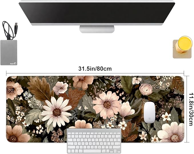Vintage Beige Floral Mouse Pad – Large Extended Desk Mat 31.5 x 11.8 in– - Image 8