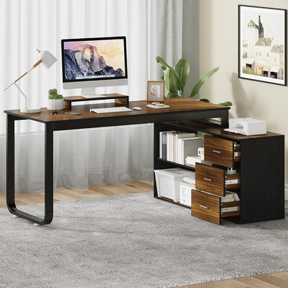 55 Inch L Shaped with Storage Shelves, Corner Computer Desk with Drawers - Image 8