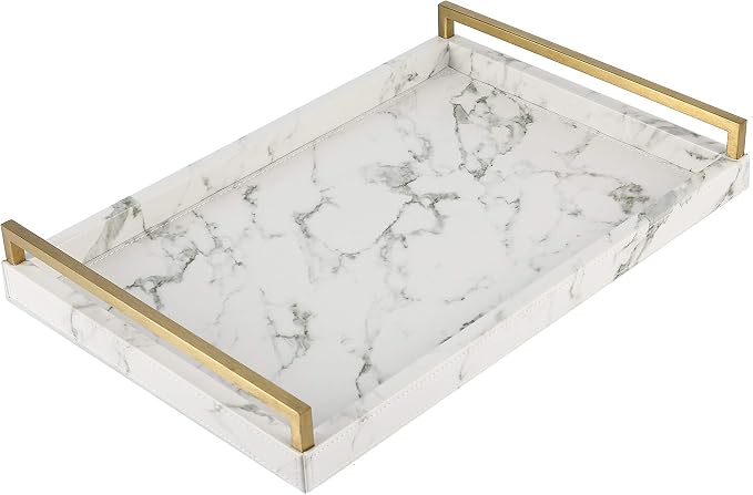 17.8 * 11.8" White PU Leather Marble Finish Decorative Tray Serving Tray by Unknown