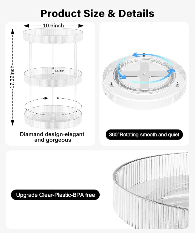 3-Tier Lazy Susan Bathroom Countertop Organizer, 360° Clear Rotating Storage - Image 4