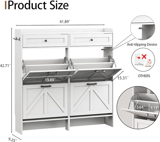 Shoe Cabinet with 4 Flip Drawers & 2 Top Drawers, Wooden Narrow Hidden Slim - Image 2