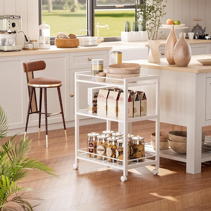 HITNET White Bar Cart, Home Bar Serving Cart, Kitchen Trolley on Wheels - Image 2