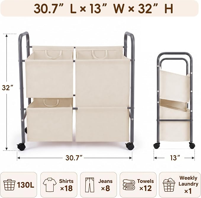 130L Laundry Hamper with Wheels, 3 Section Laundry Sorter Cart with Removable - Image 3