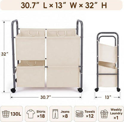 130L Laundry Hamper with Wheels, 3 Section Laundry Sorter Cart with Removable - Image 3