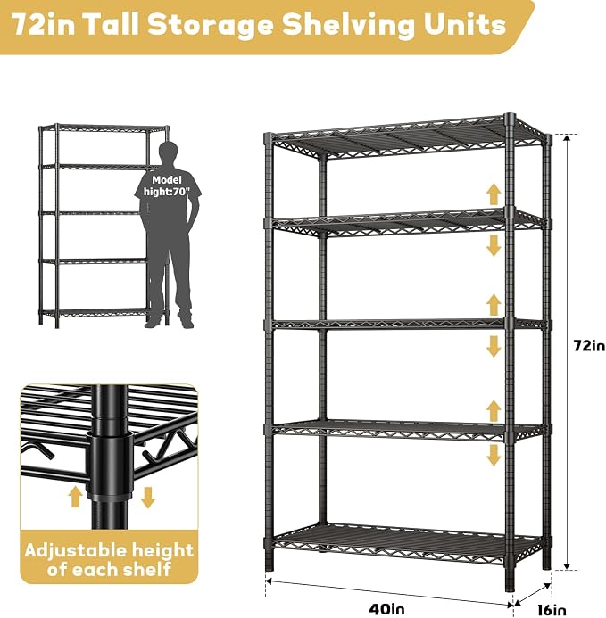 ROOMTEC 5-Tier Adjustable Wire Shelving Unit, 2000 lbs | Heavy Duty Garage Shelf - Image 3