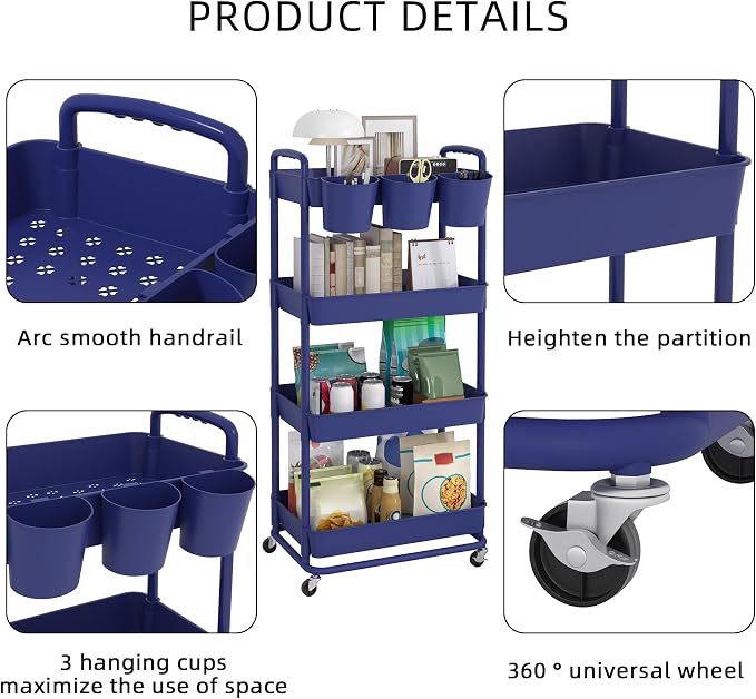 JIUYOTREE 4-Tier Plastic Rolling Storage Cart Utility Cart - Image 7