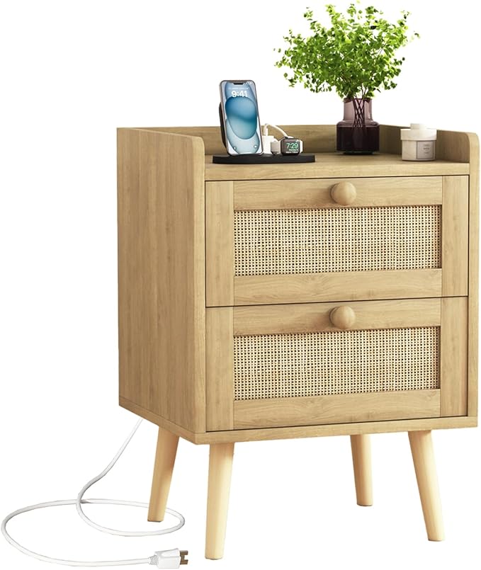 Rattan Nightstand with Charging Station, Mid Century Modern Bedside Side Table by HUANLEGO