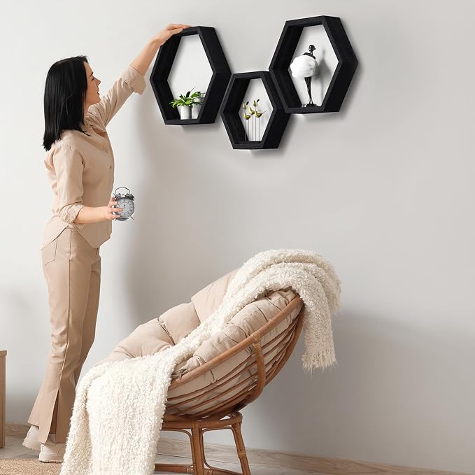 CADUKE Hexagon Floating Shelves Set of 3, Wooden Honeycomb Shelves - Image 2