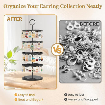 MODOWEY Rotating Earring Holder Organizer Adjustable Display, 4 Tiers Black | - Image 6