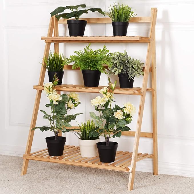 3-Tier Bamboo Plant Flower Stand Rack Shelf, Foldable Planter Racks, Pot by Unknown