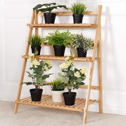 3-Tier Bamboo Plant Flower Stand Rack Shelf, Foldable Planter Racks, Pot by Unknown