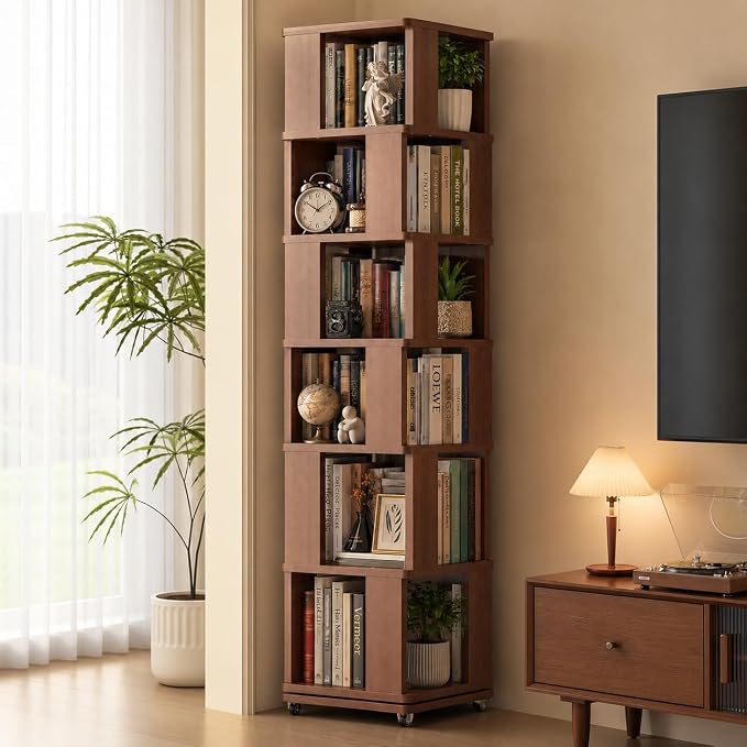 79-Inch 6 Tier Solid Wood Rotating Bookshelf Tower on Wheels, 360° Upgrade by Unknown