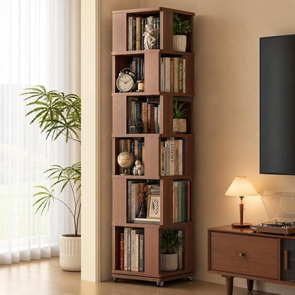 79-Inch 6 Tier Solid Wood Rotating Bookshelf Tower on Wheels, 360° Upgrade by Unknown