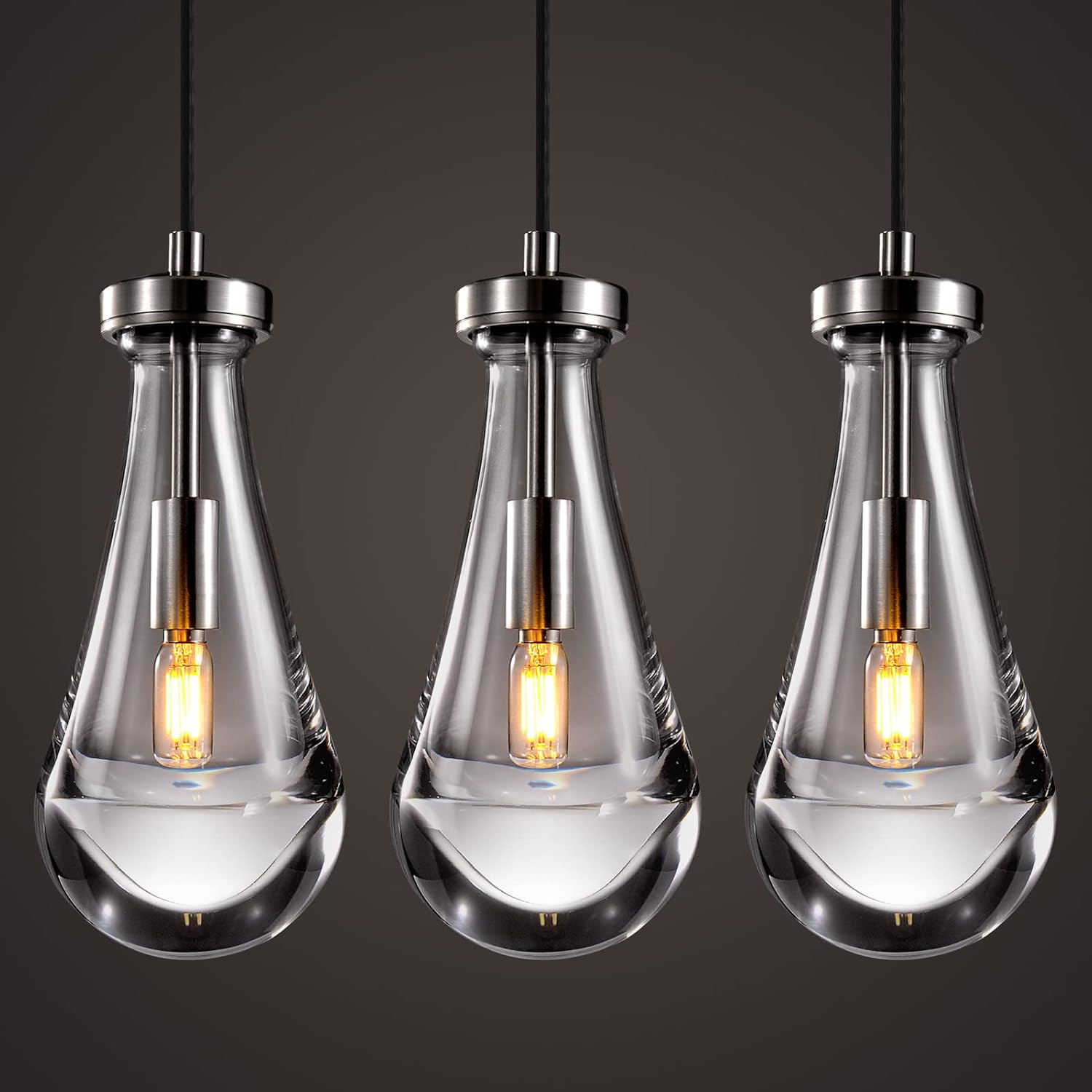 Raindrop Pendant Lights Set of 3, Modern Pendant Lights Kitchen Island 3 Pack, Brushed Nickel Island Light, Pendant Light for Bedroom Bathroom, Chandelier for Living Room Hallway