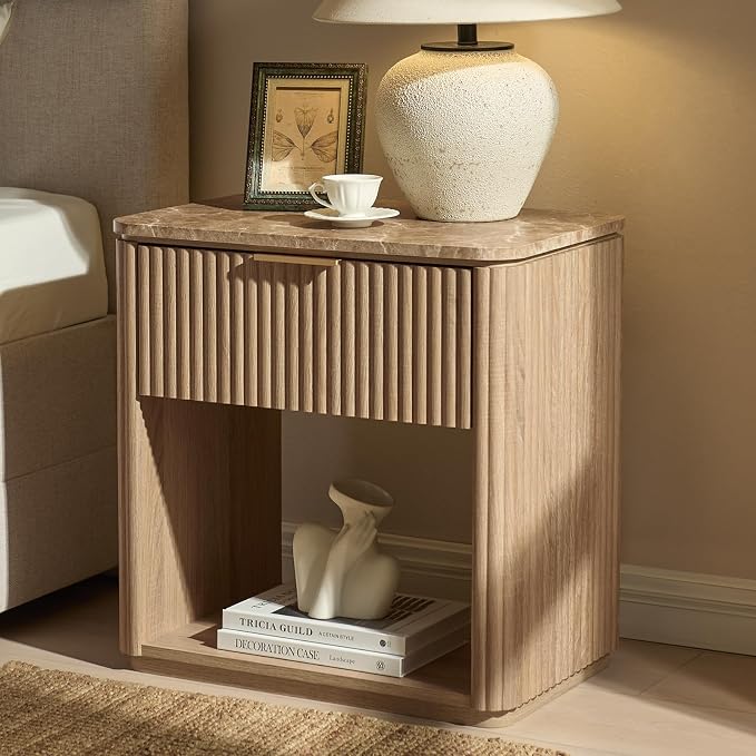 Fluted Nightstand with Drawer, Bedside Table with Faux Marble-Top, Engineered by DelArk
