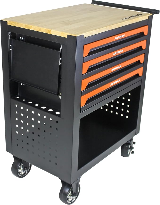 36" Tool Box with Wheels 4 Drawers Rolling Tool Cart, Wooden Top Workbench - Image 4