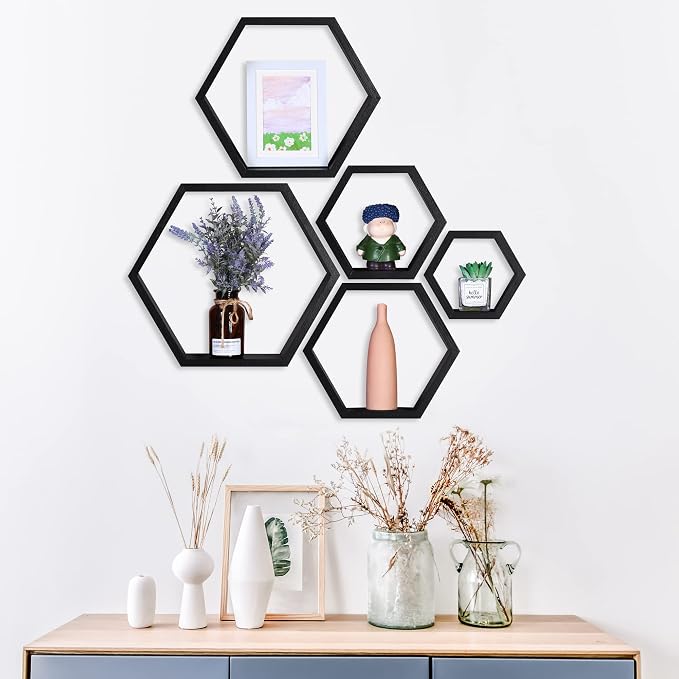 Hexagon Shelves, Floating Wall Shelf, Honeycomb Octagon Cube Shelves Wood | - Image 3
