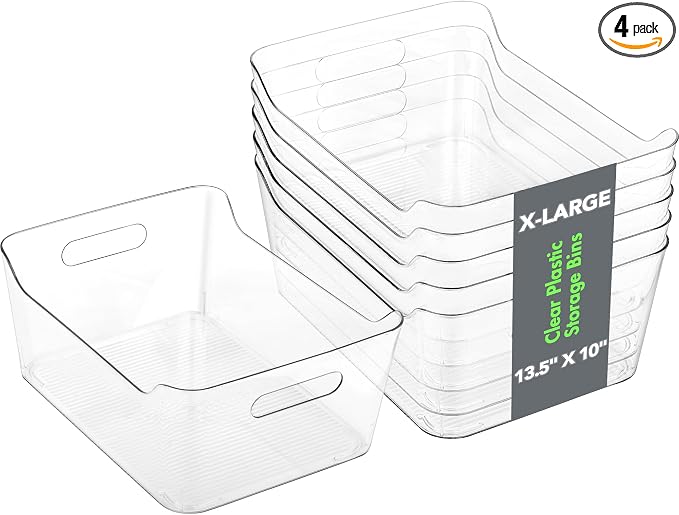 Tiawudi 4 Pack Plastic Storage Bins, Extra Large Pantry Organizer, 13.5" x 10" by Tiawudi
