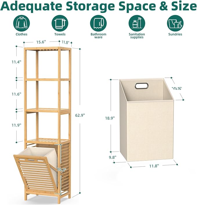 Bamboo Tilt Out Laundry Hamper, 4-Tier Tilt Out Hamper - Image 5