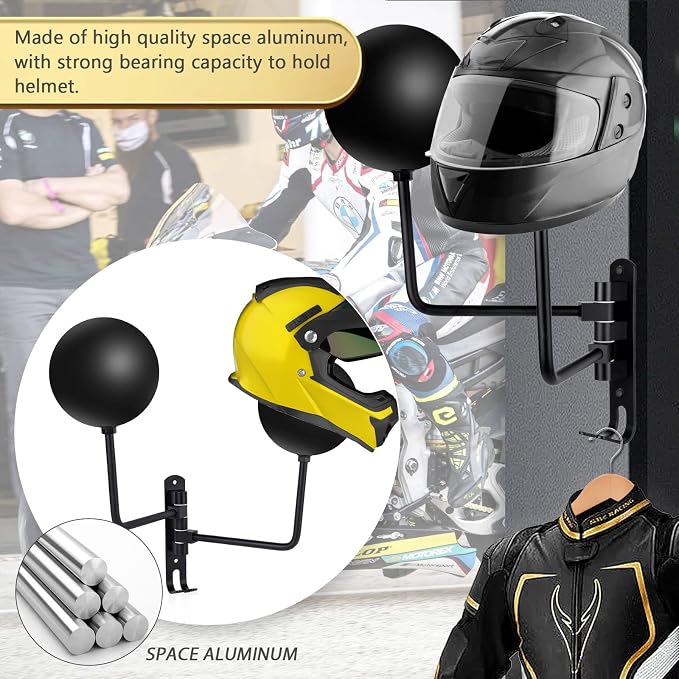 Kikerike Motorcycle Helmet Rack Wall Mount 180 Degree Rotation Metal Bike - Image 5
