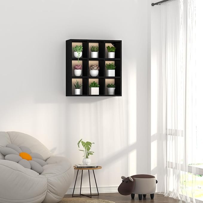 Helsin 9 Grid Vintage Coffee Mug Display Rack, 16inch Wall Mounted Wooden Curio - Image 4