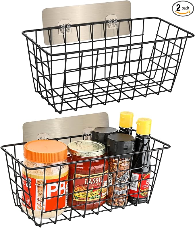 2 Pack Hanging Wall Basket Wire Storage Baskets, Adhesive Basket by Ptinyiv