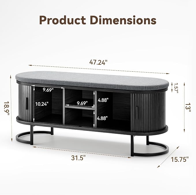 Decofy Shoe Storage Bench with Cushion and Sliding Doors, 47.2 Inch Shoe Bench - Image 2
