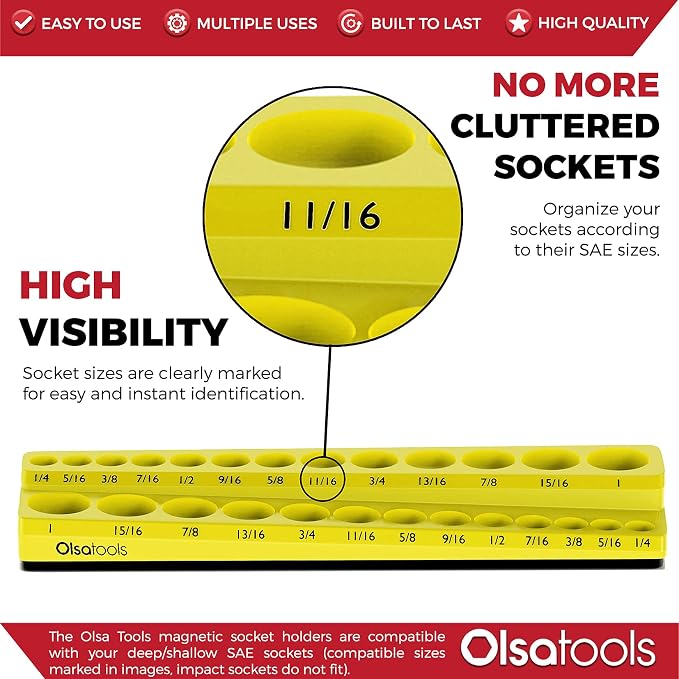Olsa Tools Magnetic Socket Organizer | 3/8-inch Drive | SAE | Yellow | Holds 16 - Image 2
