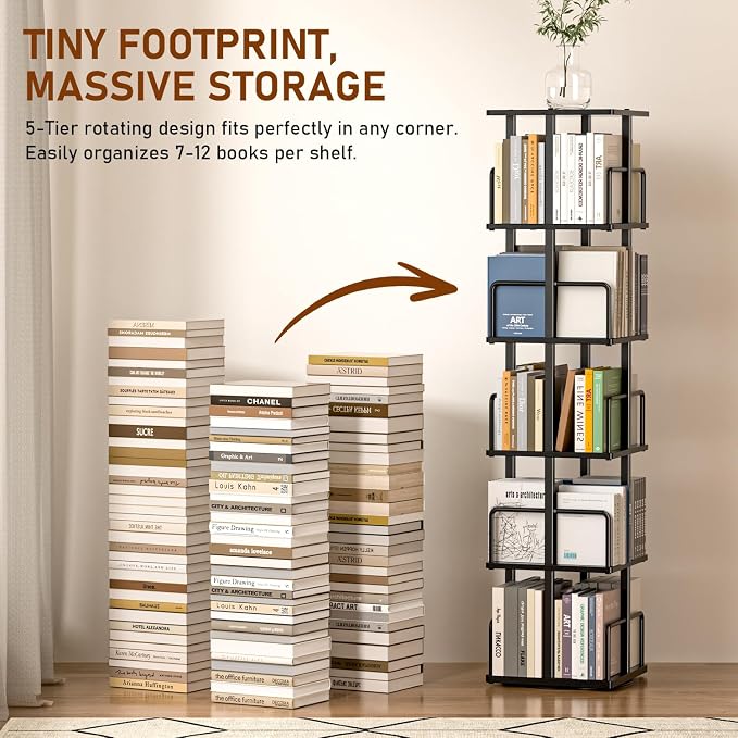 5-Tier Rotating Bookshelf, 360° Spinning Corner Bookcase - Image 8