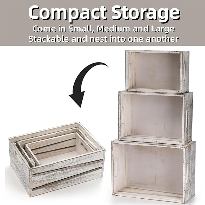 AVLA 3 Pack Wooden Storage Crates, Rustic Nesting Container Bin - Image 3