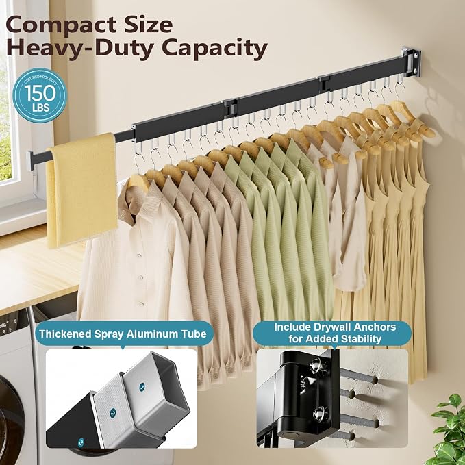 JAUREE Clothes Drying Rack Wall Mounted, Space-Saving Drying Rack Clothing - Image 3