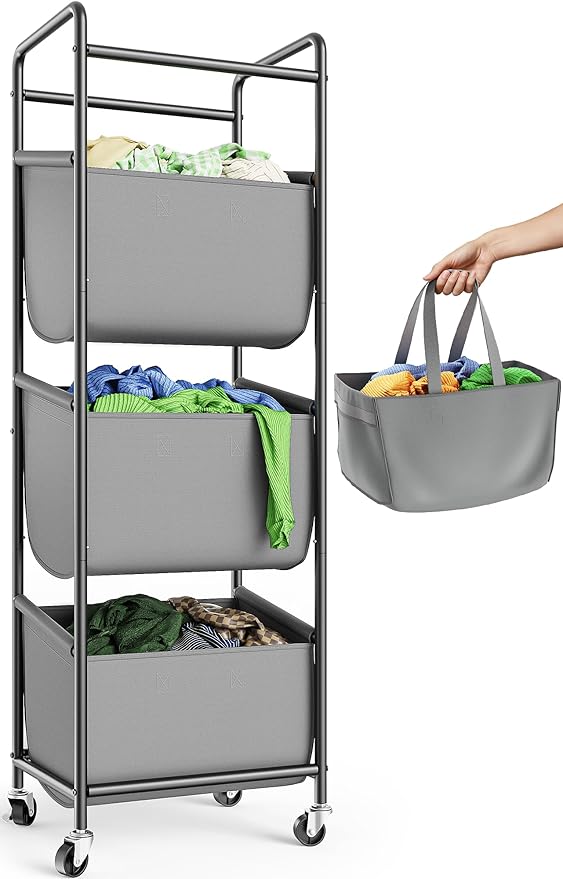 3 Section Laundry Sorter with Removable Bags, 120L Rolling Vertical Laundry by Unknown