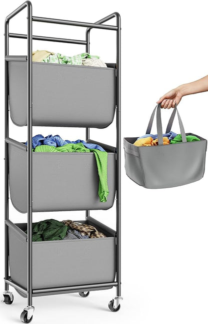 3 Section Laundry Sorter with Removable Bags, 120L Rolling Vertical Laundry by Unknown