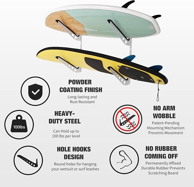 2 Board Surf Rack Wall Mount for Surfboard, Snowboard Storage Adjustable Wall - Image 3