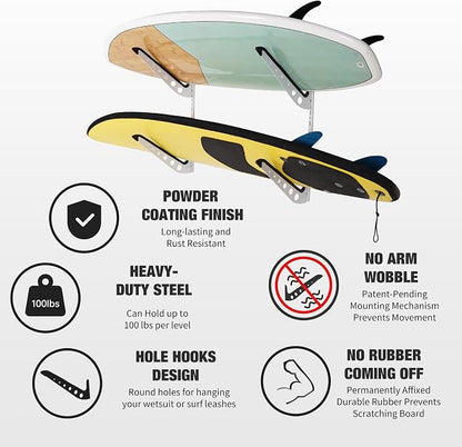 2 Board Surf Rack Wall Mount for Surfboard, Snowboard Storage Adjustable Wall - Image 3